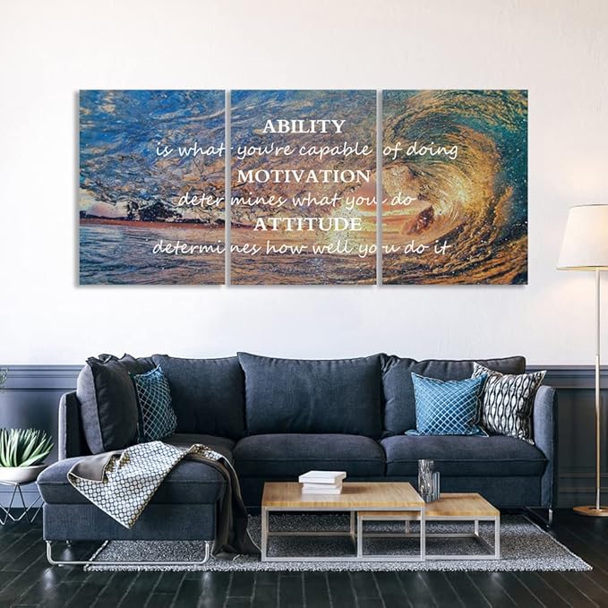Unbruvo Motivational Wall Art for Office, 3 Pieces Canvas Painting with Inspirational Quotes, Ability Motivation Attitude Prints for Living Room Bedroom Study Room Decor(60" Wx28 H)