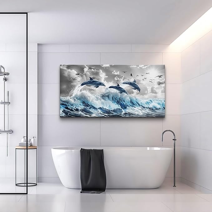Wapluam Large Wall Decor For Living Room Framed Canvas Wall Art For Bedroom Blue Waves Of The Sea Wall Pictures Artwork Fashion Office Canvas Art Prints Dolphins Seascape Paintings Home Decoration