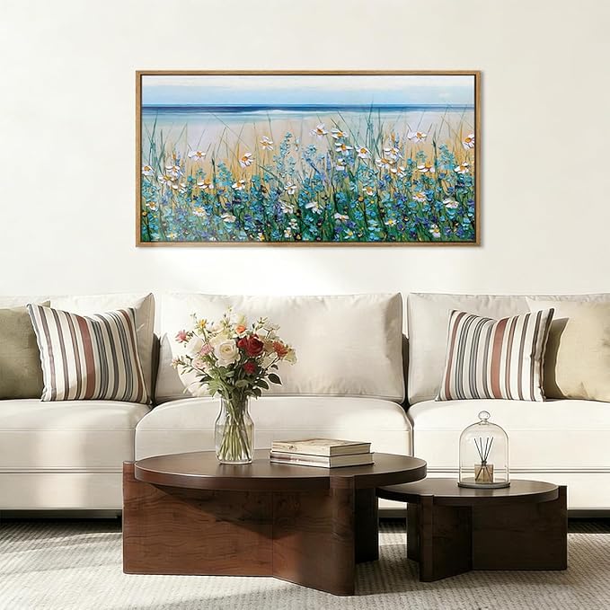 BINCUE Large Blue Seaside Floral Framed Wall Art,Nature Blue Flower Canvas Wall Decor,Wildflower Artwork Blossom Botanical,Flower Sea Landscape Daisy Paingting for Living Room Bedroom Home 20''x40''