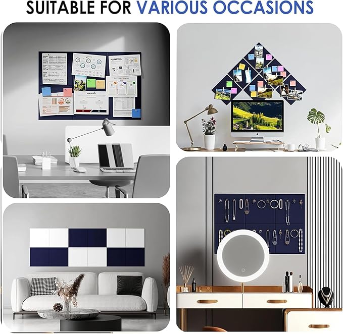 Large Cork Bulletin Board Alternative, 6 Pack 12"X12" Felt Bulletin Boards, Dart Wall Protectors with 30 Pcs Safe Removable Adhesive Tabs Pcs for Office Wall, School, Home Decor,Blue