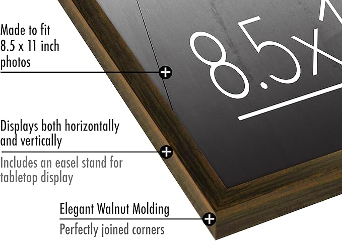 Americanflat 8.5x11 Picture Frame with Shatter-Resistant Glass - Streamline Collection - Thin Border Photo Frame for Tabletop and Wall Display - Hanging Hardware and Easel Stand Included - Walnut