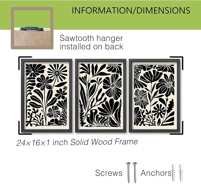 TQianJiang Flower Plant Sign Wall Decor 24"x16" Set of 3 Black And White Botanical Painting Wood Framed for Bedroom Abstract Wildflower Hanging Art (Black)