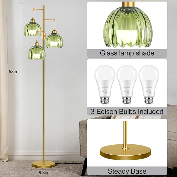 Dimmable Floor Lamps for Living Room-3 Light Gold Floor Lamp with Three Bulbs & Glass Lampshape, Mid Century Modern Standing Lamp Tree Tall Flower Floor Lamp for Bedroom Living Room,Corner