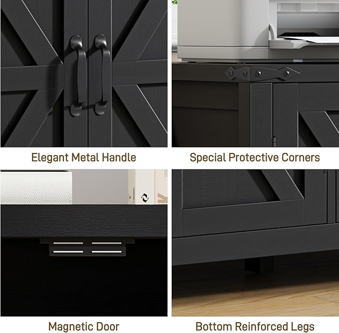 Farmhouse File Cabinet with Doors, Lateral Filing Cabinet with 3 Drawers for Letter/A4 Size Hanging Files, Large Wooden Storage Cabinet with Adjustable Shelves for Home Office, Black
