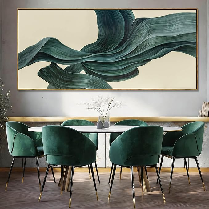 Large Abstract Canvas Wall Art 32x70 Inch, Dark Green Framed Canvas Wall Art, Modern Horizontal Printed Wall Art with Wooden Frame for Living Room Home Decor