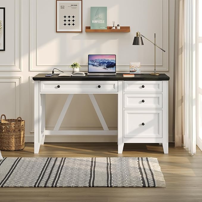 ONBRILL 54 Inch Farmhouse Executive Desk, Computer Desk with Storage Drawers & File Drawer, Modern Home Office Desk with Charging Station for Working, Studying, Writing, Brown (White)