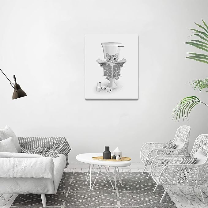 yerretin Funny Cat Bathroom Wall Art Black and White Cat Pictures Wall Decor Animal Bathroom Canvas Painting Modern Artwork Home Decorations Framed Ready to Hang 16"x20"