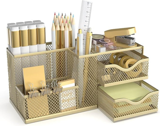 Mesh Desk Organizer, Pen Organizer with 2 Drawers and 5 Compartments, Versatile Pen Holder for Small Space, Desk Organizers and Accessories for School Office Supplies, Gold