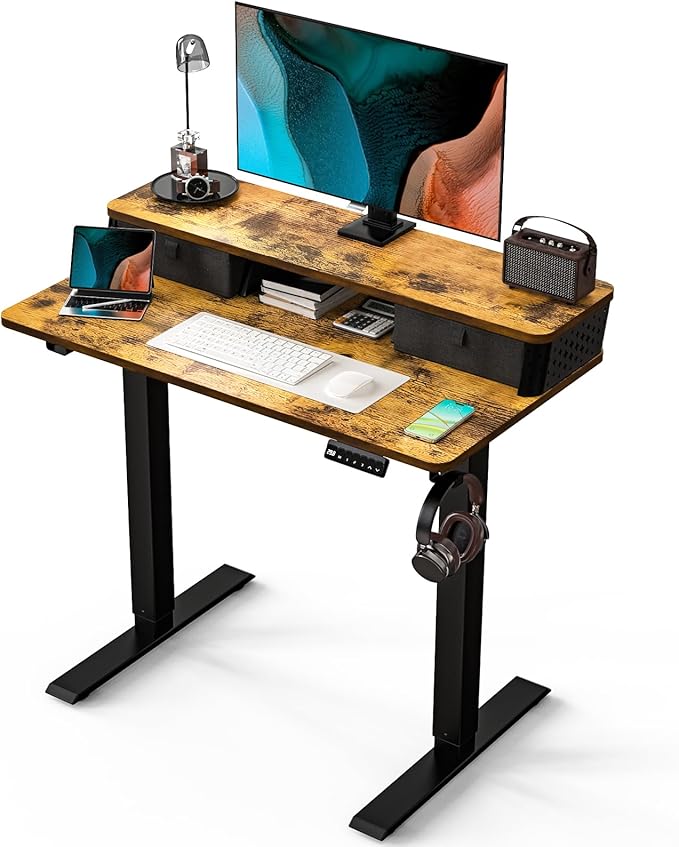 Kingant 35 x 20 Inch Small Electric Standing Desk with Dual Drawers, Height Adjustable Sit to Stand Computer Desk with Storage Shelf and C-Clamp Mount Compatibility for Home Office, Rustic Brown