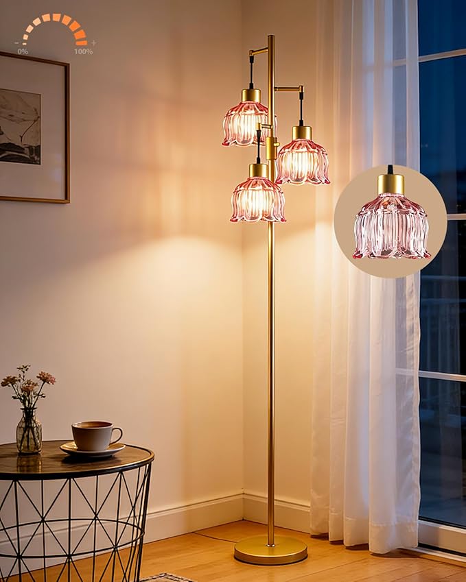 Gold Floor Lamps for Living Room, 3-Light Dimmable Floor Lamp with Rose Red Glass Shade& E12 Bulbs Included, 65'' Mid Century Tall Standing Lamp for Bedroom/Sofa Beside/Corner Decor
