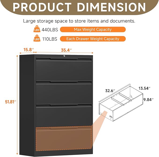Coolsun Metal File Cabinet with Lock, 4 Drawer File Cabinet for Home Office, Lockable Lateral Filing Cabinet for A4/F4/Lagel/Letter Assembly Required (Black, 4 Drawer Lateral)