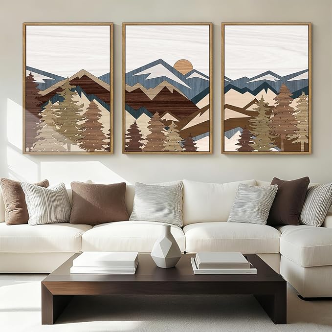 BINCUE Mountain Wall Art Rustic Farmhouse Wall Paintings Vintage Mountains Wall Decor Boho Mountain Artwork for Living Room Bedroom 16x24 Inch Set of 3