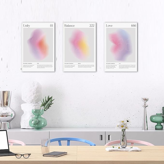 Colorful Gradient Aura Angel Numbers Poster Canvas Print Artwork Room Decor for Bedroom Aesthetic, 3 Piece Framed Inspirational Minimalist Art Paintings Decor for Bedroom Office 12"x18" x 3 Pcs
