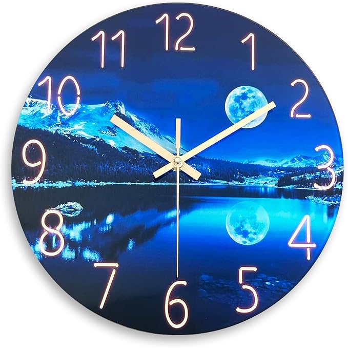 Blue Wall Clocks for Living Room 14 Inch Analog Wall Clock Battery Operated Moon Clock for Kitchen