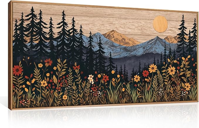 Houria Mid Century Woodland Mountain Framed Canvas Wall Art Set,Vintage Natural Sunset Wildflower Forest Field Decor,Wilderness Boho Floral Pine Tree Landscape Artwork for Living Room,Office-20"x40"x1