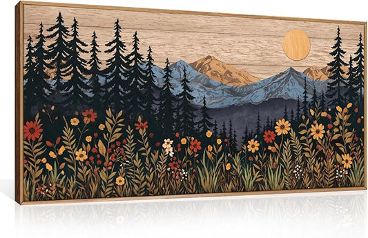 Houria Mid Century Woodland Mountain Framed Canvas Wall Art Set,Vintage Natural Sunset Wildflower Forest Field Decor,Wilderness Boho Floral Pine Tree Landscape Artwork for Living Room,Office-20"x40"x1