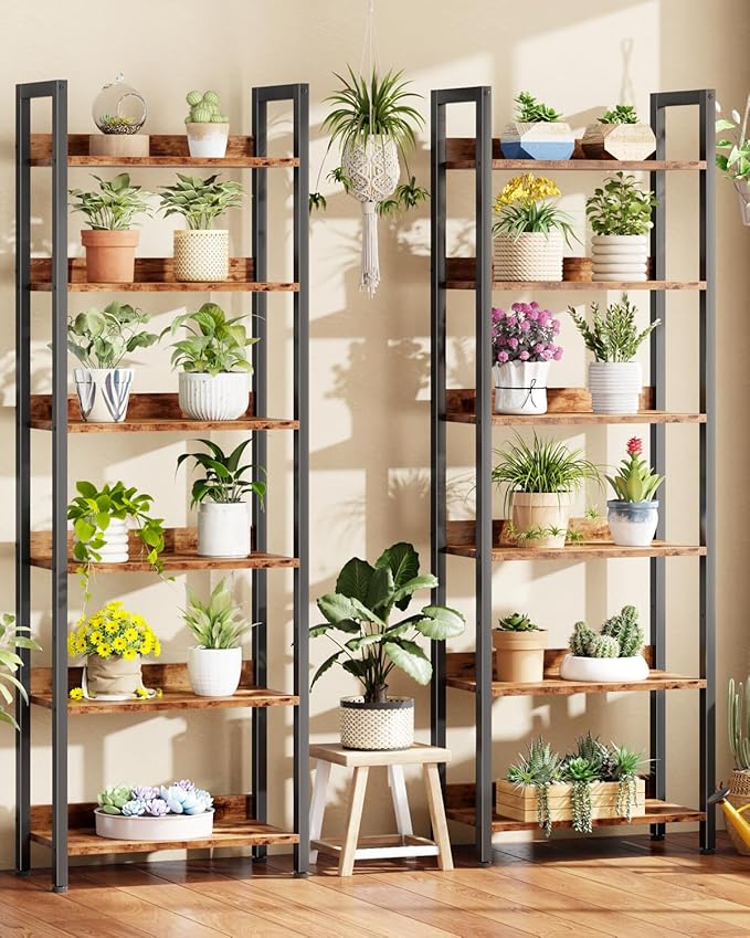Furologee 6-Tier Bookshelf Set of 2,Tall Bookcase with 2 Drawers and Shelves, Industrial Display Free Standing Shelf Units, Storage Rack Organizer for Bedroom, Living Room, Home Office, Rustic Brown