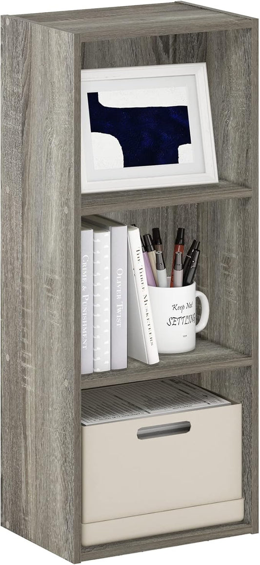 Furinno LUDER Book Shelf, 3-Cube Bookshelf, Bookcase with Open Shelves, 9.3 x 12 x 31.5, Easy Assembly, for Living Room, Bedroom, Home Office, Grey Oak