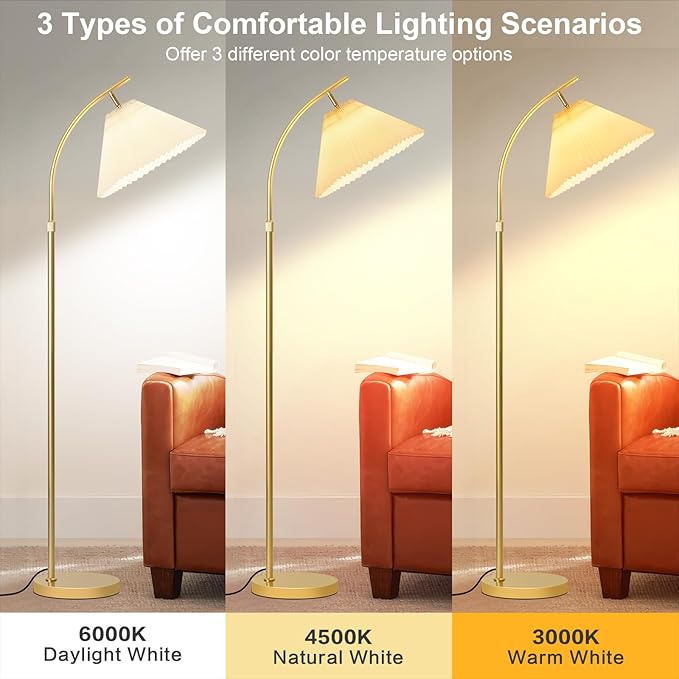 Adjustable Floor Lamp for Living Room, 61"-68" Tall Standing Lamp with Pleated Shade, Modern Gold Floor Lamp with 9W LED Dimmable 3-Color (3000K/4500K/6000K), Reading Corner Lamp for Bedroom Office
