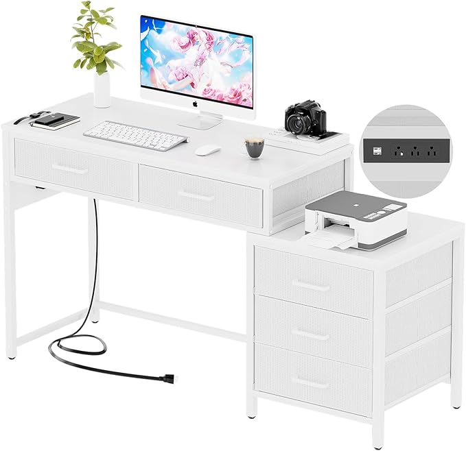 Unikito Reversible Computer Desk with 5 Drawers, Sturdy Office Desk with Power Outlets and USB Ports, Study Writing Table with File Cabinet & Printer Stand, Vanity Desk with Storage, White
