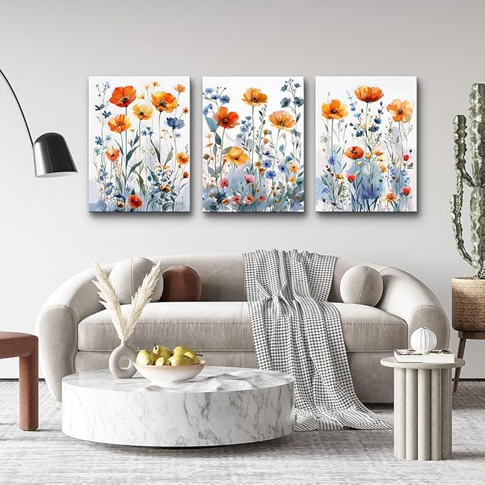 TTHYUEWS Large Canvas Wall Decor for Living Room Boho Wall Art for Bedroom Kitchen Family Room Wall Pictures Artwork Flowers Watercolour Paintings Modern Home Decor 3 Pieces