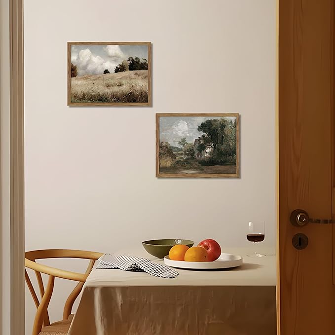 Framed Vintage Landscape Wall Art Set of 2, Rustic Farmhouse Field Canvas Wall Decor Paintings, Retro Nature Country Artwork Prints Pictures for Living Room Bedroom Home Decor 12x16 Inch