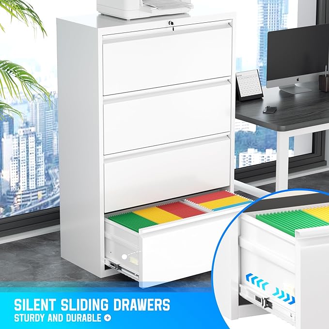 Greenvelly 4 Drawer File Cabinet, Lateral Filing Cabinet for Home Office, White Metal File Cabinet with Lock, Lockable Lateral File Cabinet with Hanging Files&Key for Letter/Legal/F4/A4