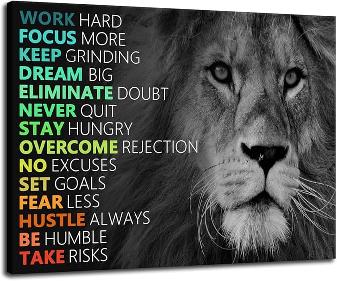 Motivational Canvas Wall Art Lion Inspirational Poster Animal Inspiring Canvas Prints Artwork for Office Living Room Modern Home Decor Painting Stretched and Framed Ready to Hang [24''Wx 18''H]