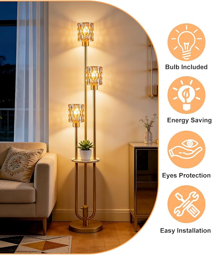 3-Light Modern Glass Floor Lamp with Shelf, Gold Tall Standing Lamp with Amber Flower Glass Shade, Industrial LED Floor Lamp with Foot Switch for Living Room Bedroom Home Decor, Bulb Included