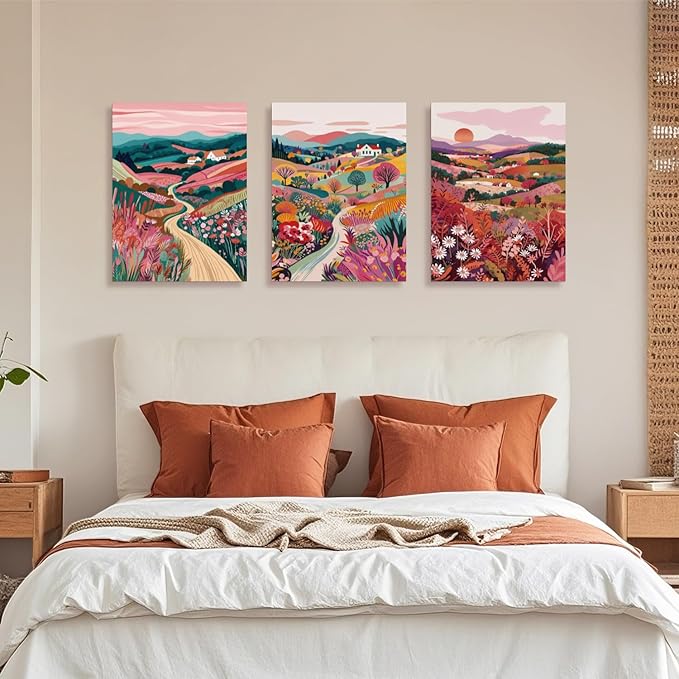 Hianan Framed Colorful Boho Landscape Wall Art, Nature Watercolor Floral Wall Decor, Bright Mountain Water Canvas Painting, Modern Sunsets Landscape Poster Prints For Living Room Bedroom 12"x16"x3