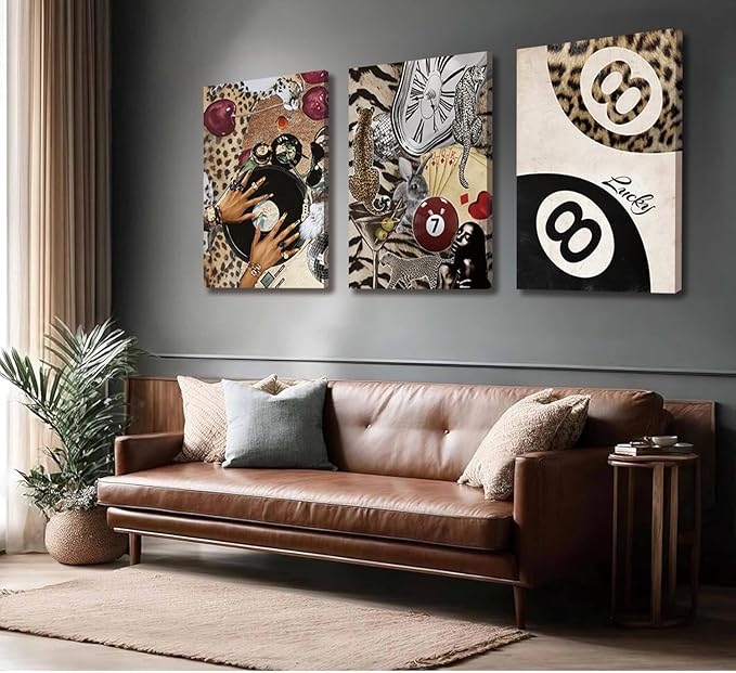 TUEASKY 3 Piece Canvas Wall Art Cheetah Wall Decor Y2K Pictures Vinyl Record Paintings Leopard Prints Lucky 8 Ball Artwork for Bedroom Game Room Bar Party