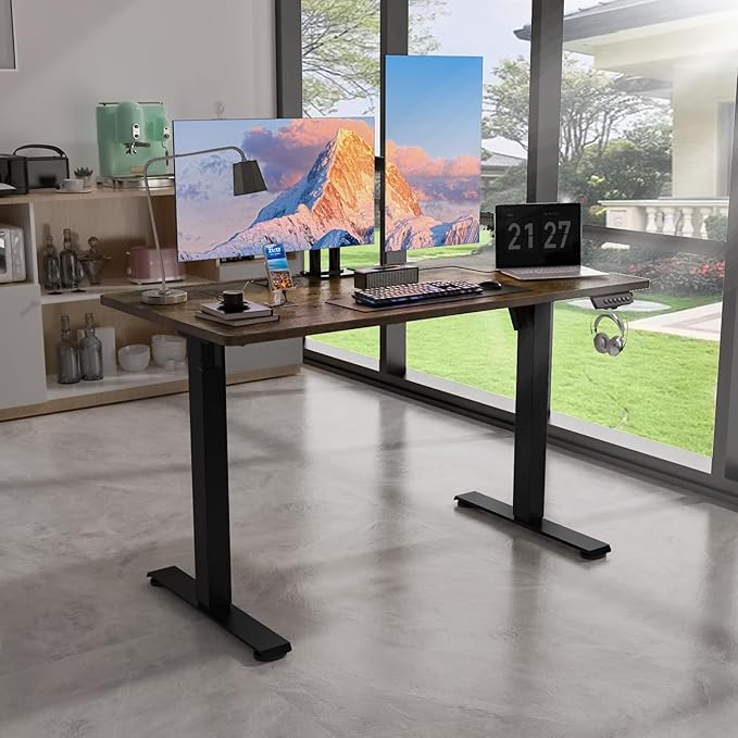 48" x 24" Electric Standing Desk, Adjustable Height Sit Stand Desk with 3 Preset Heights & 2 Hook, Electric Desk for Home Office Gaming, Rustic Brown