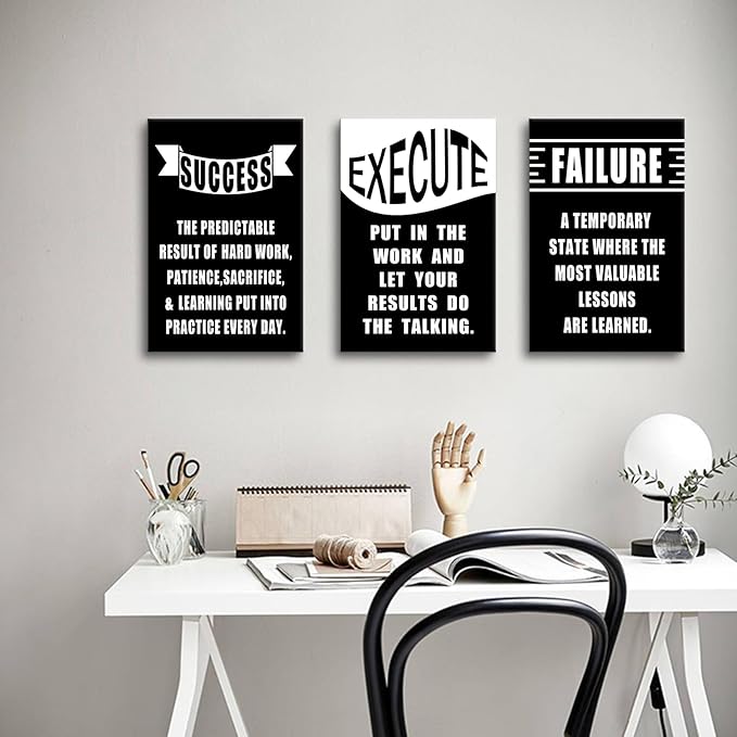 3 Pieces Motivational Canvas Wall Art Execute Failure Success Entrepreneur Quotes Inspirational Signs Posters Print for Home Bedroom Teens Room Gym Stretched and Framed [48''Wx24''H]
