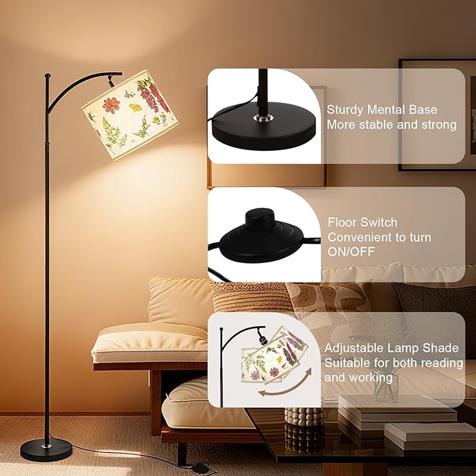 61“Dried Flowers Floor Lamp with 9W 3 Color Temperatures LED Bulb, Tall Standing Lamp with Adjustable Floral Lampshade for Living Room,Bedroom,Office