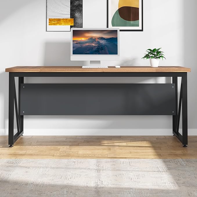 Tribesigns 63 inches Computer Desk, Modern Home Office Desk Writing Table for Workstation, Dark Walnut + Steel Leg, Cabinet not Included (Walnut, 63-inch)