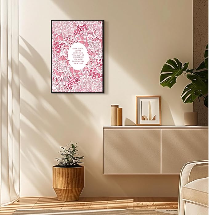 Slow Down You're Doing Fine Music Posters Motivational Quote Pink Wall Art Vintage Floral Positive Daily Reminder Song Lyrics Canvas Print Aesthetic Office Home Decor 24x36inch Aluminum Framed
