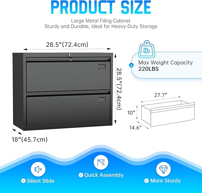 Greenvelly 2 Drawer File Cabinet, Black Lateral File Cabinet with Lock, Filing Cabinet for Home Office, Lockable File Cabinets for Legal/Letter/A4/F4 Size with Hanging Files&Key