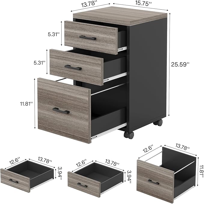 Triebsigns 3 Drawer File Cabinet, Vertical Mobile Filing Cabinet, Under Desk Rolling Printer Stand for Home Office, fits A4 or Letter Size (Grey)