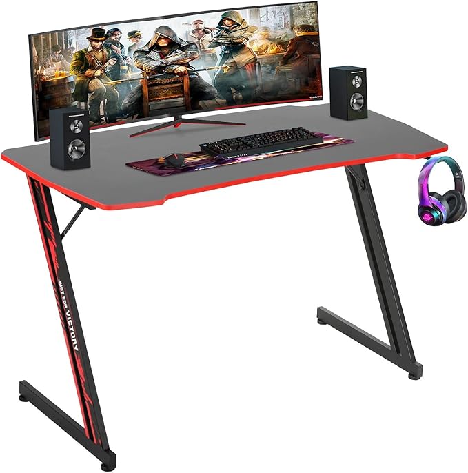 BestOffice Gmaing Desk Z Shaped 47 inch PC Computer Desk Computer Workstation Ergonomic Gaming Table with Headphone Hook for Game Players, Red
