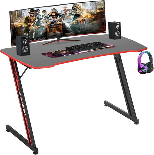 BestOffice Gmaing Desk Z Shaped 47 inch PC Computer Desk Computer Workstation Ergonomic Gaming Table with Headphone Hook for Game Players, Red