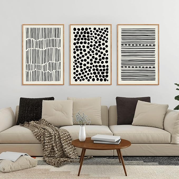 KAIRNE Black and White Boho Framed Canvas Wall Art Set, Abstract Modern Geometric Wall Decor, Minimalist Black Line Wall Painting, Modern Neutral Art Print for Living Room, Bedroom, Kitchen 16x24inch