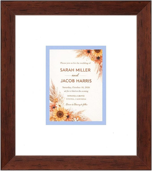 Poster Palooza Wedding Invitation Picture Frame 10x11.25 in Brown With White and Sky Blue Double Mat for 4.25x5.5 A2 Keepsake | USA Made