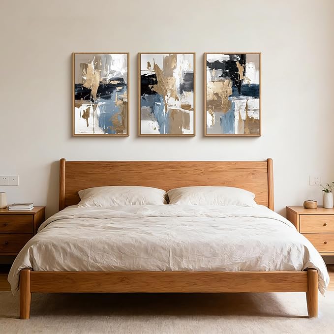 KAIRNE Blue Abstract Neutral Wall Art Set of 3, Modern Minimalist Framed Canvas Art, Textured Watercolor Wall Decor,Gold, Brown, Gray Tan, Black for Living Room, Bedroom, Office 16x24 Inch