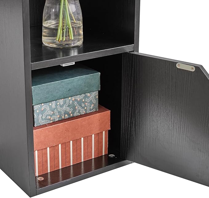 IBUYKE 6 Tier Narrow Bookcase with Doors, Cube CD DVD Storage Cabinet,Slim Media Tower Rack,Cabinet,Black Bookcase Display Storage Shelves for Small Spaces,for Home Office Black UWBC001B