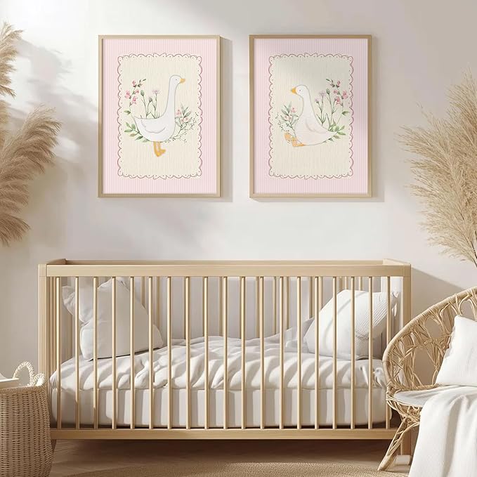 Vintage Nursery Wall Art Silly Goose Canvas Poster Pink Coquette Wall Decor Girls Room Pictures Baby Kids Poster Cute Animal Prints Floral Painting Artwork for Gallery Bedroom 12x16 Inch Unframed