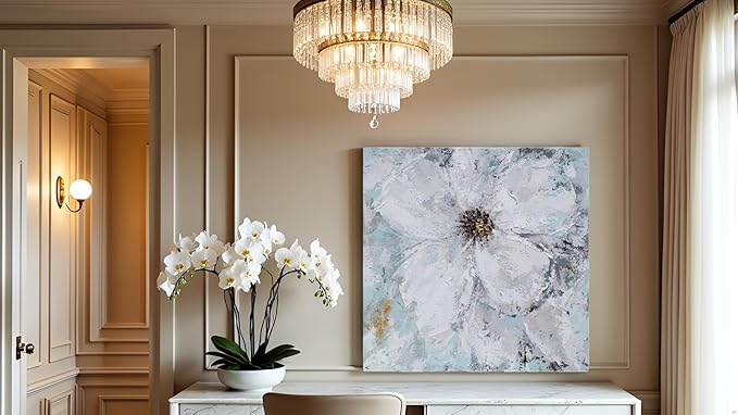 Yihui Arts White Flower Painting - Hand Painted Grey Floral Canvas Wall Art for Home Decor