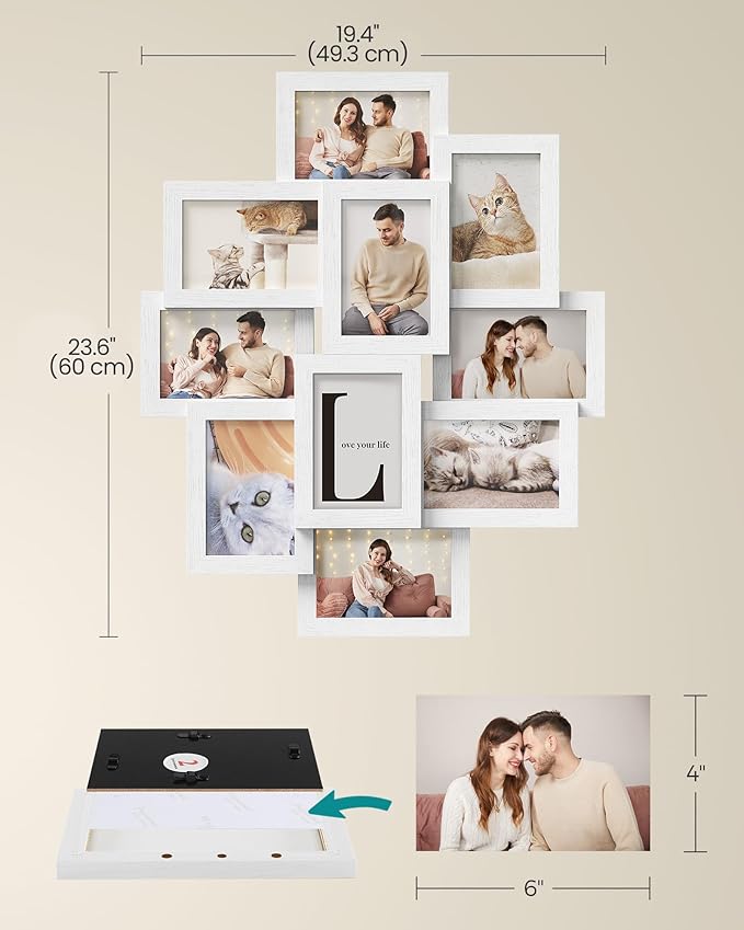 SONGMICS 4x6 Collage Picture Frames, 10-Pack Photo Collage Frame for Wall Decor, Glass Front, Assembly Required, Cloud White URPF020W02
