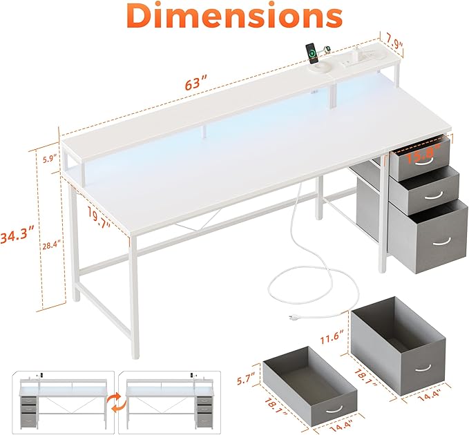 Mericonia Computer Desk 63 inch with Power Outlets & LED Lights, Gaming Desk with 3 Drawers for Home Office, Small Desk with Monitor Stand for Small Spaces, Study Writing Desk