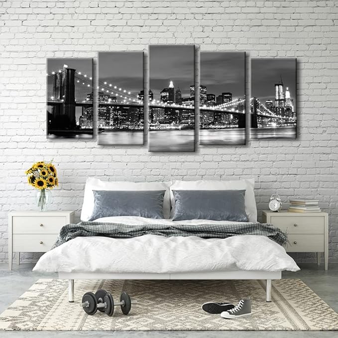 Wieco Art Large Brooklyn Bridge Night View Modern Giclee Canvas Prints Artwork Landscape Pictures to Photo Paintings on Stretched and Framed Canvas Wall Art for Home Decorations