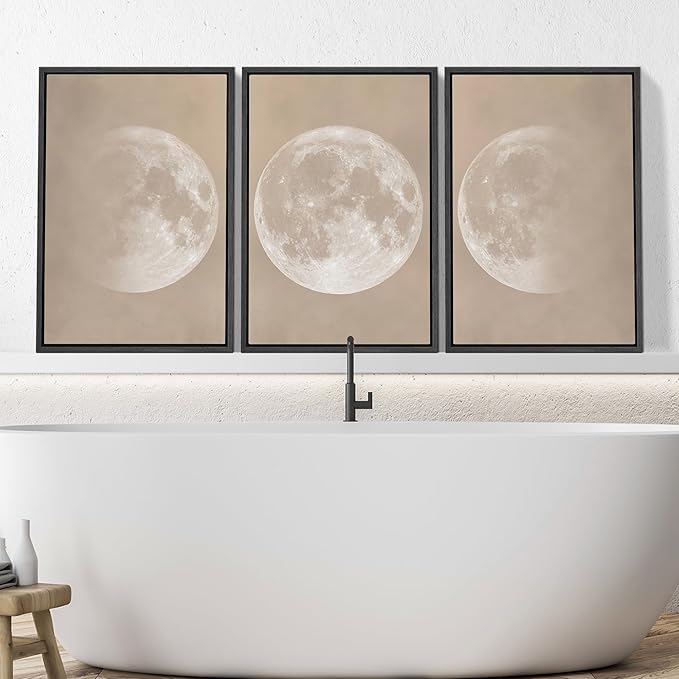 SIGNWIN Framed Canvas Print Wall Art Full Moon Minimalist Beige and Black Toned Lunar Nature Wilderness Modern Art Cool for Living Room, Bedroom, Office - 24"x36"x3 Black